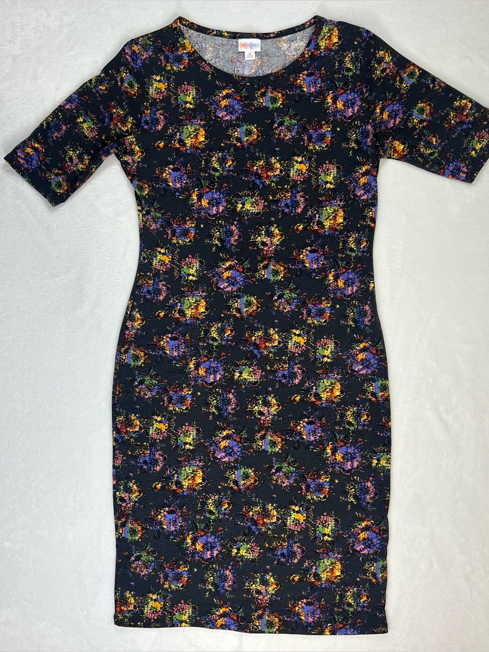 LuLaRoe Julia Fitted Dress Mid Length Sleeve Multi Color Abstract Print Sz M